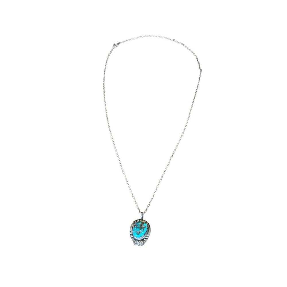 Vintage Sterling Silver Turquoise Pendant Necklace Signed CLAW Southwestern